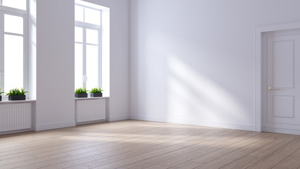 Empty room ,modern scandinavian   interior design, white wall and wood floor ,3d render