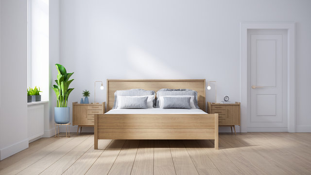 Modern scandinavian  interior of Bedroom ,wood bed and bedside table on white wall and wood floor ,3d render