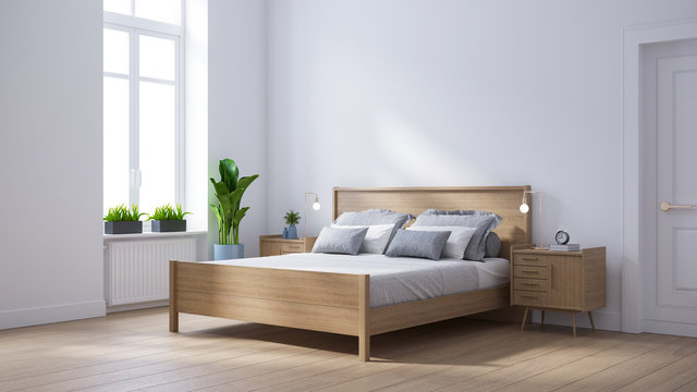 Modern scandinavian  interior of Bedroom ,wood bed and bedside table on white wall and wood floor ,3d render