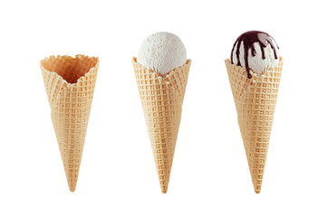 Set of different ice cream cones in waffle cone - empty, white ice cream, with chocolate sauce...