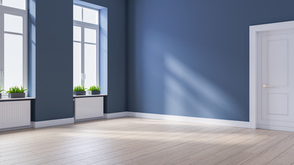 Modern interior empty room, Scandinavian Style ,wood flooring and blue wall  ,3d rendering