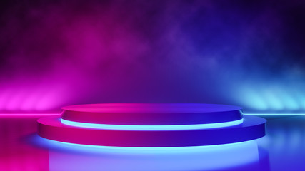 Empty Circle stage with smoke and  purple neon  light ,abstract  background,ultraviolet  concept,3d render