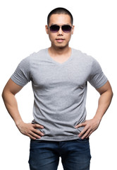 Grey top dry on asian model for v-neck tshirt blank mockup