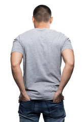 Fototapeta premium Grey top dry on asian model for v-neck tshirt blank mockup