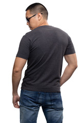 Fototapeta premium Dark grey on asian model for v-neck tshirt blank mockup template