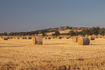 Straw bales on a stubble field, in the background a village with a church on a hill, blue sky, landscape in golden sunlight
