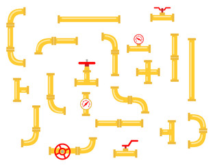 Spare parts for the pipeline. Pipe connectors made of metal and plastic, Industrial pipes for water, gas, oil. onnector pipeline, valve connection, vector flat icons.