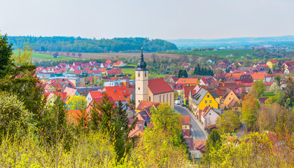 Town Schillingsfürst, district Ansbach - Scenic panorama view of a picturesque mountain village in Bavaria, Germany