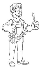 Electrician handyman man handy holding electricians screwdriver tool cartoon construction mascot. Giving a thumbs up.