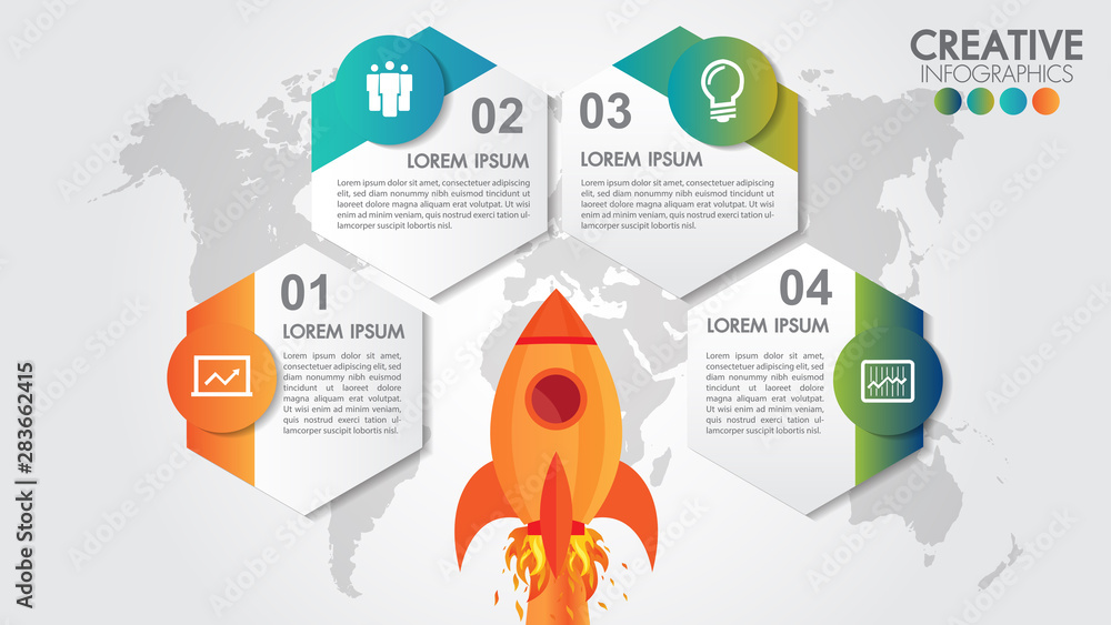 Aufkleber startup vector circle infographics with 4 options rocket launch and styled world map.spaceship takin