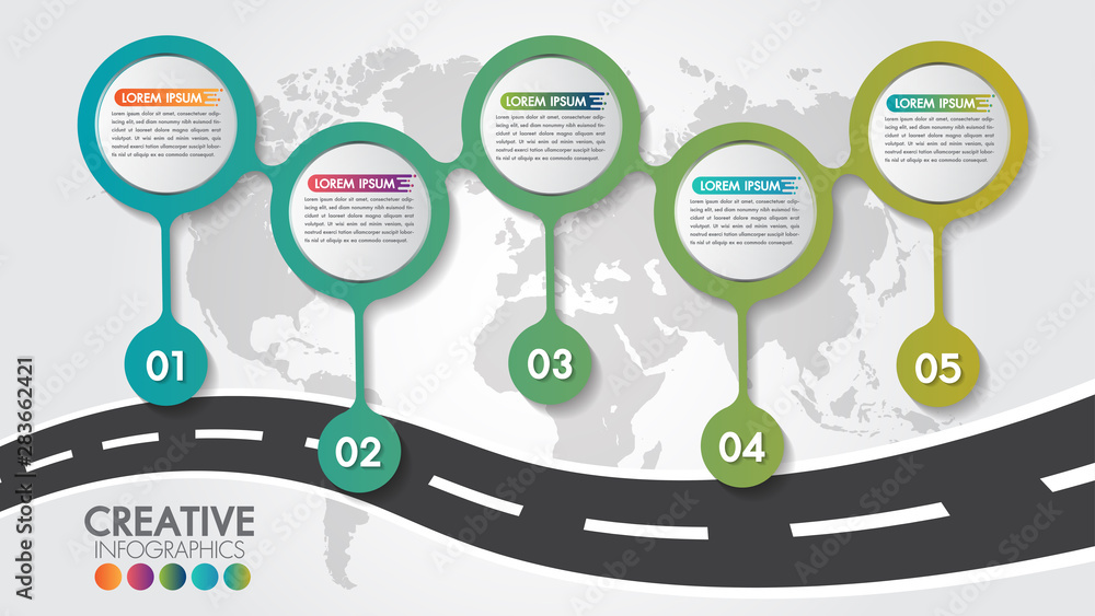 Poster business infographic navigation map road design template with 5 steps or options and 5 numbers optio