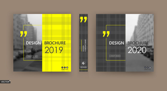 Abstract patch brochure cover design. Black info data banner frame. Techno title sheet model set. Modern vector front page art. Urban city blurb texture.Yellow citation figure icon. Ad flyer text font