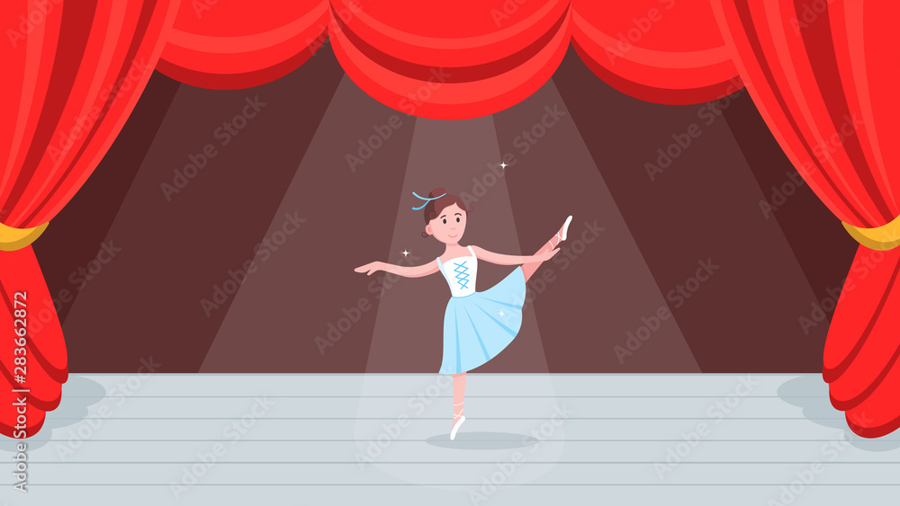 Wall mural Open red curtains theater or ballet dance scene with price, curtains, scenery and young beautiful ballerina dressed in tutu and pointe shoes standing at the pose flat style design vector illustration.