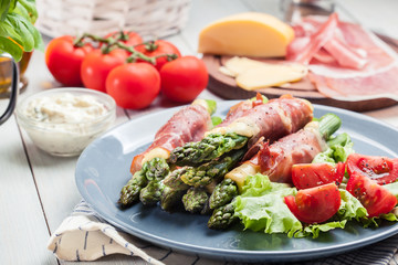 Baked prosciutto and cheese wrapped asparagus