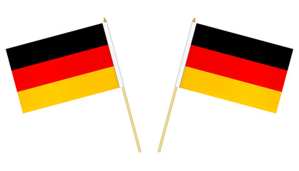 Two small German flags isolated on white background, vector illustration. Flag of Germany on pole