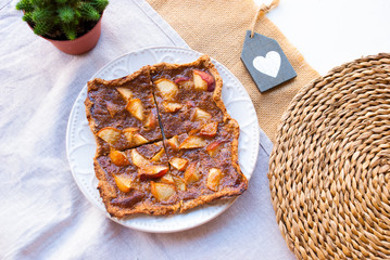 Food flat lay with homemade apple pie.