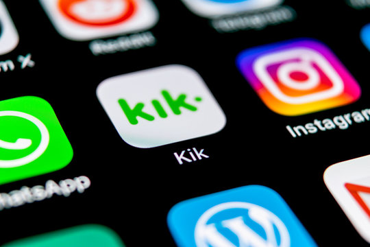 Sankt-Petersburg, Russia, September 30, 2018: Kik messenger application icon on Apple iPhone X screen close-up. KIK messenger app icon. Kik messenger mobile application. Social media network.
