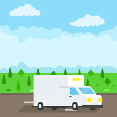 Fototapeta na wymiar Fast delivery truck service on the road. Car van with landscape behind flat style design vector illustration isolated on light blue background. Symbol of delivery company.