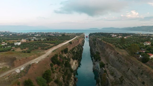 Ship passing through Corinth Canal in Greece