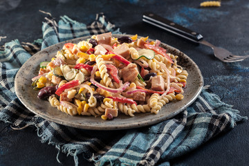 Fusilli pasta salad with smoked turkey
