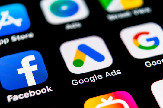 Sankt-Petersburg, Russia, September 30, 2018: Google Ads AdWords application icon on Apple iPhone X screen close-up. Google Ad Words icon. Google ads Adwords application. Social media network