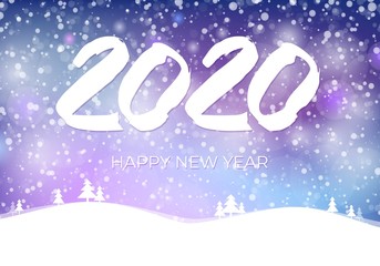 2020 happy new year postcard with falling snow on blue sky, frozen numbers 2020, snowdrifts, flat style design vector illustration on mesh background. Year of the metal rat.