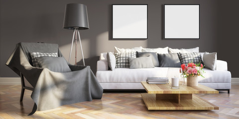 Cute living room interior with template frames - 3d illustration