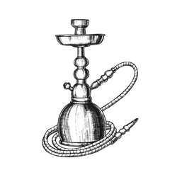 Obraz premium Hookah Lounge Cafe Relax Equipment Retro Vector. Standing Single Stemmed Hookah For Vaporizing And Smoking Flavored Cannabis, Tobacco Or Opium. Monochrome Designed In Retro Style Illustration