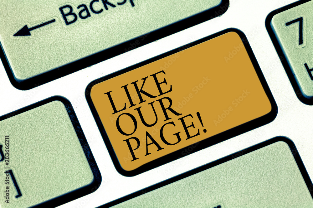 Poster writing note showinglike our page. business photo showcasing follow us on the internet contact look 