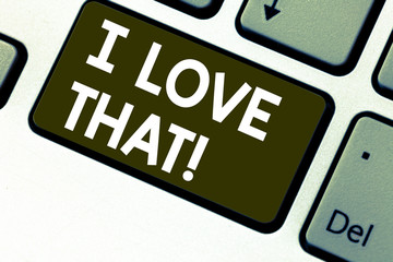 Text sign showing I Love That. Conceptual photo Having affection for something or someone Roanalysistic feelings Keyboard key Intention to create computer message pressing keypad idea