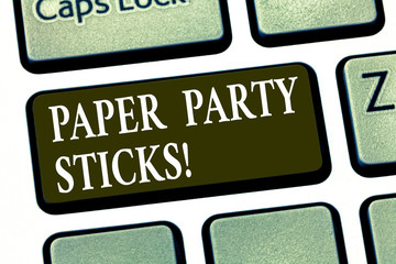 Writing note showing Paper Party Sticks. Business photo showcasing colored shapes of hard paper used create emojis Keyboard key Intention to create computer message pressing keypad idea