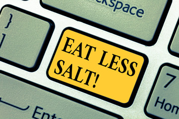 Text sign showing Eat Less Salt. Conceptual photo Reduce the amount of sodium in your diet eating healthy Keyboard key Intention to create computer message pressing keypad idea