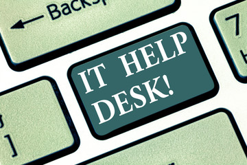 Text sign showing It Help Desk. Conceptual photo Online support assistance helping showing with technology Keyboard key Intention to create computer message pressing keypad idea