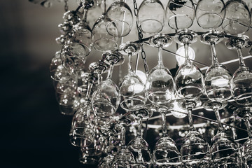Beautiful chandelier made with glasses of wine