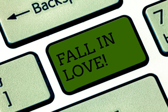Text sign showing Fall In Love. Conceptual photo Feeling loving emotions about someone else Roanalysisce Happiness Keyboard key Intention to create computer message pressing keypad idea