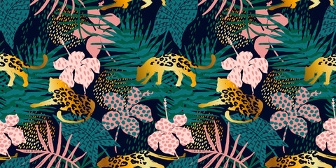 Trendy seamless exotic pattern with palm and leopards. © Nadia Grapes