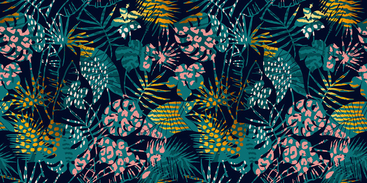 Trendy seamless exotic pattern with palm, animal prints and hand drawn textures.