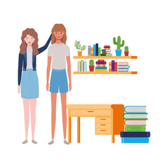 women standing with bookshelf of wooden and books