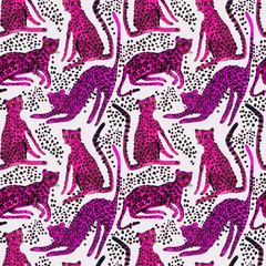 Obraz premium Creative watercolor seamless pattern with leopards, jaguar and cheetah