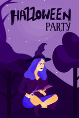 Halloween holiday greeting card. Young witch cooks a magical potion at dark wood.Vector Illustration. Trick or Treat Concept.