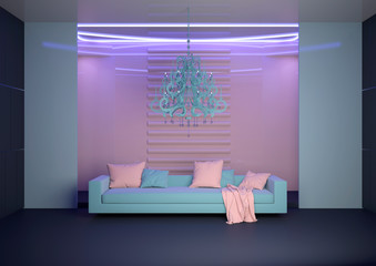 Futuristic interior design. Luxurious living room with sofa and chandelier. 3D illustration