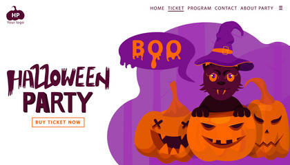 Halloween holiday greeting invitation to a party.Pumpkin and cat on a scare wood abstract Background.  Landing page template. Vector illustration in modern flat style. Trick or Treat Concept.