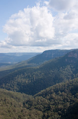 A valley with clouds near the Wentworth Falls in the Blue Mountains in Australia