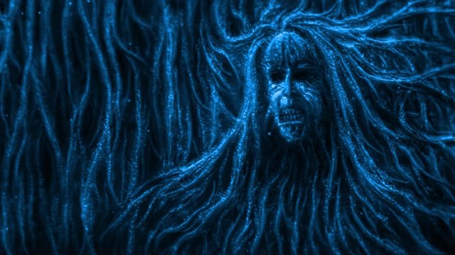 Scary woman face in tree. Looped 2D animation. Gloomy demon witch. Creepy motion graphics in horror fantasy genre. Animated 4K video clip nightmares for Halloween. Vj looped movie. Blue background. 