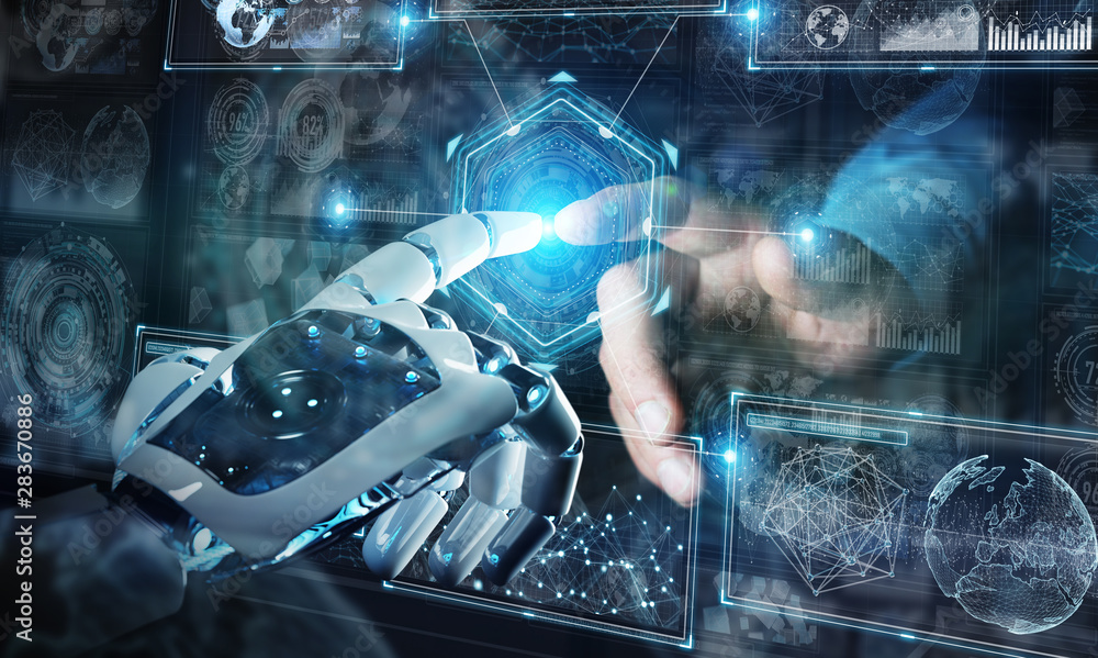 Fototapete robot hand and human hand touching digital graph interface 3d rendering