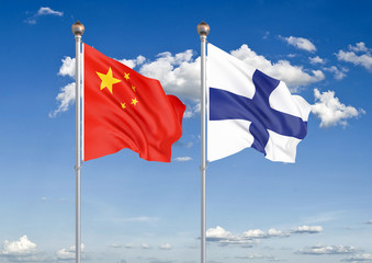 China vs Finland. Thick colored silky flags of European Union and Belgium. 3D illustration on sky background. – Illustration