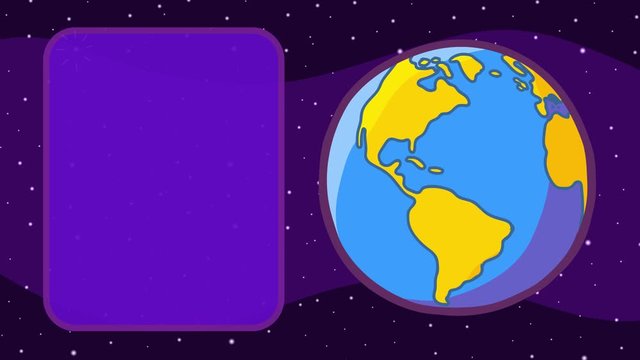 Titles or describtion Earth cartoon animation with frame. Doodle crazy pulsing globe. Looks like a fantastic ball. Fully hand drawn, dynamic, optionally isolated, with colour outlines. Sky and stars.