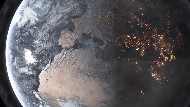 Slowly zooming away from the Earth through thick pollution to reveal a thick pollution cloud around the Earth