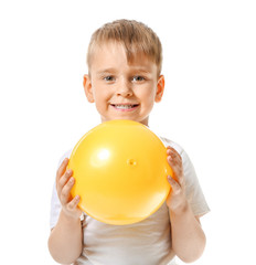 Fototapeta na wymiar Cute little boy with air balloon on white background