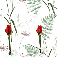 Red amarilis lilies bud flowers with herbs bouquet seamless pattern. Watercolor style Illustration. White background. Trendy spring flower wallpaper or fabric.